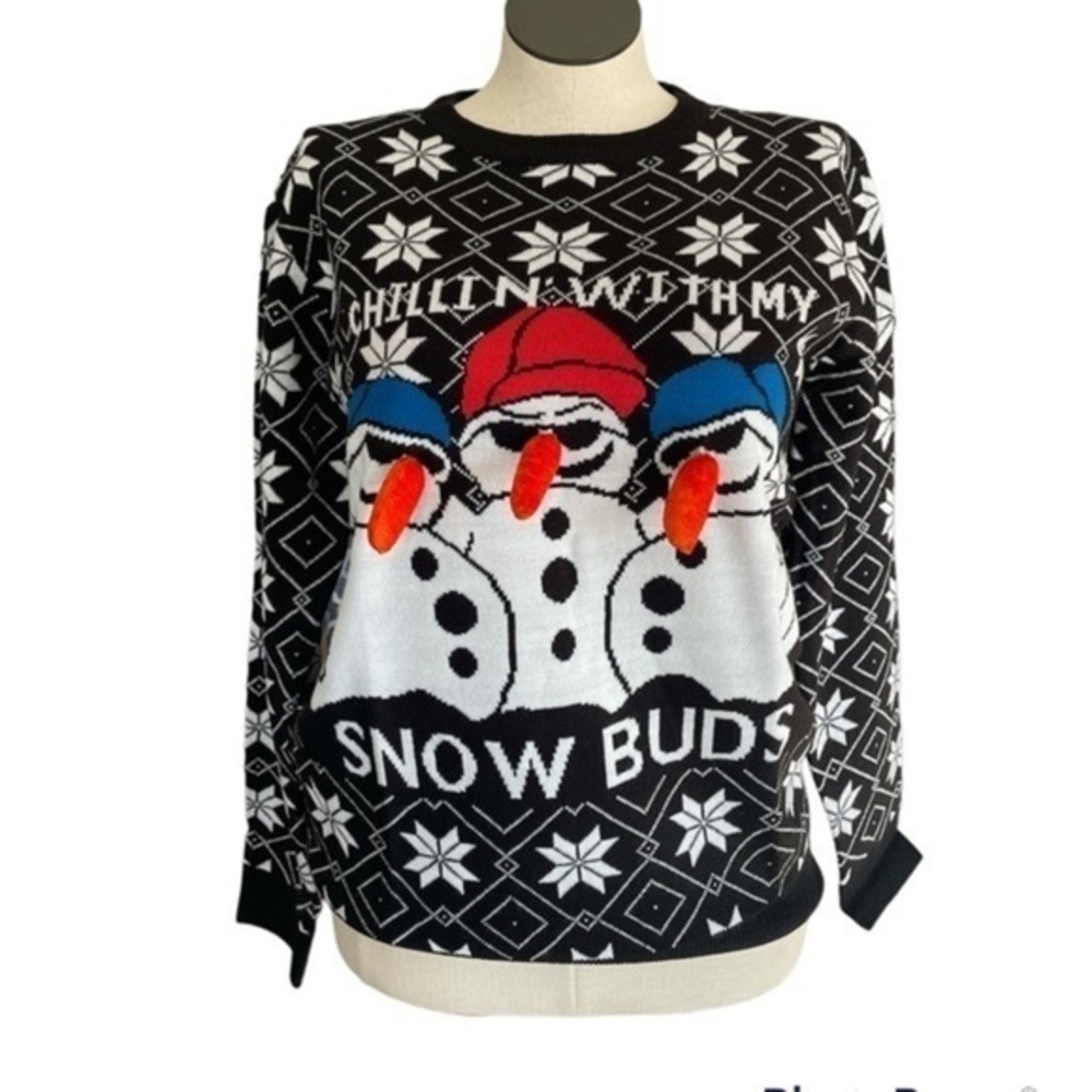 Fair Isle Holiday Sweater Black White Snowflake Snowman unisex Top Sz med